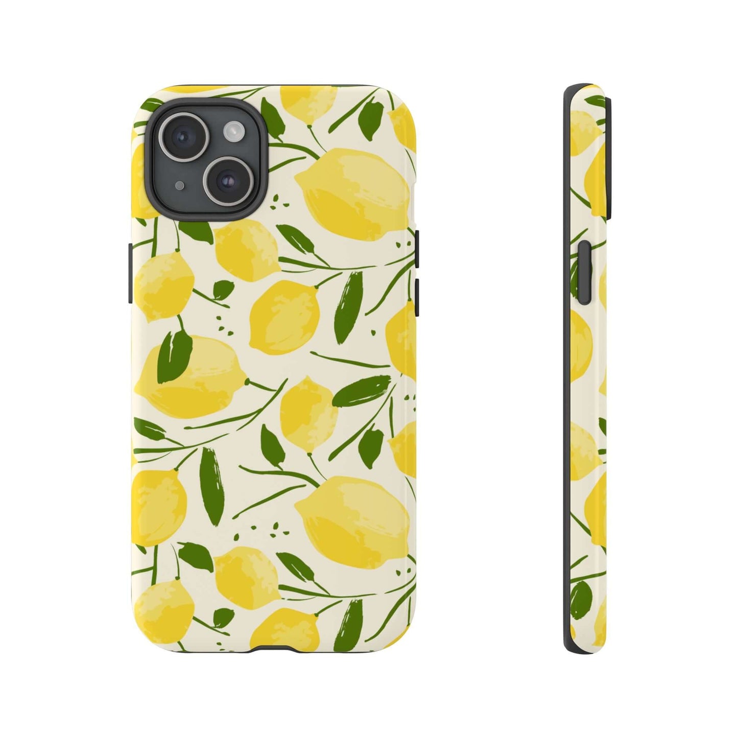 Watercolor Lemon iPhone Case with hand-drawn lemons and leafy branches, featuring a dual-layer protective shell and soft-touch matte finish.