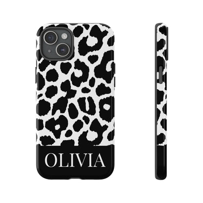 Custom Name Leopard Print iPhone Case - Black and White