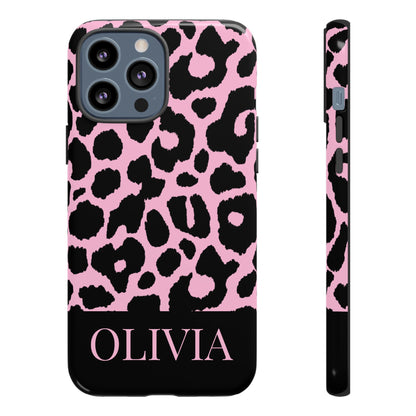 Chic Pink Black Leopard Print iPhone Case - Custom Name Cover