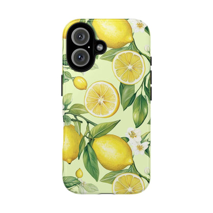 Lemon Blossom iPhone case with watercolor lemons and blossoms on a pastel background, offering summer style and phone protection.