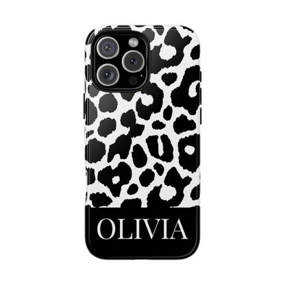 Custom Name Leopard Print iPhone Case - Black and White