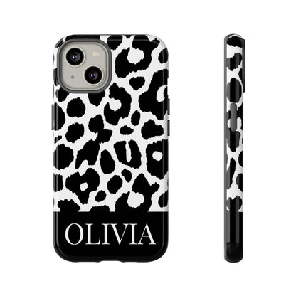 Custom Name Leopard Print iPhone Case - Black and White