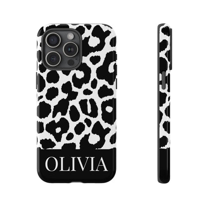 Custom Name Leopard Print iPhone Case - Black and White