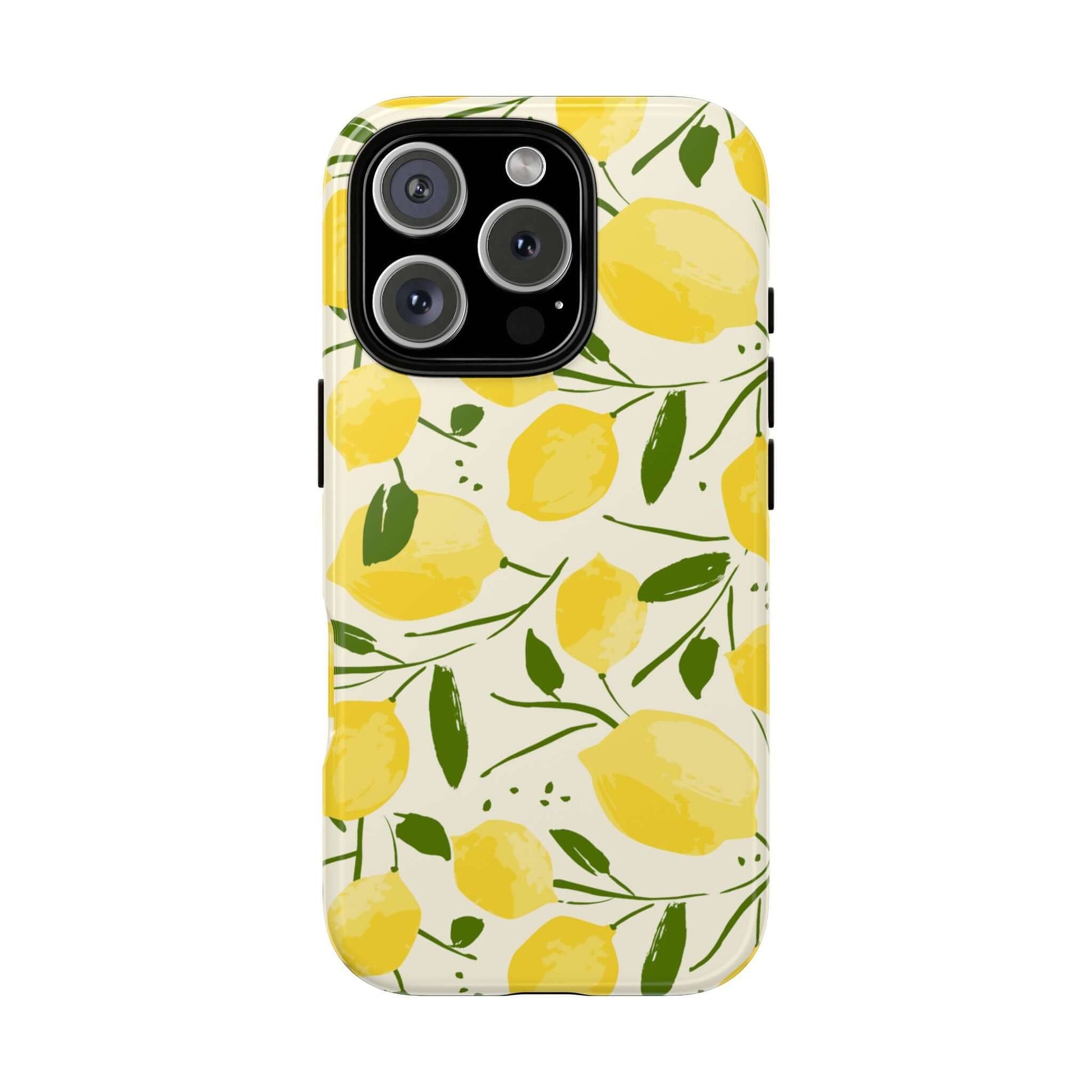 Yellow watercolor lemon iPhone case with leafy branches, hand-drawn summer phone cover with botanical design.