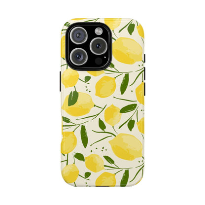 Yellow watercolor lemon iPhone case with leafy branches, hand-drawn summer phone cover with botanical design.