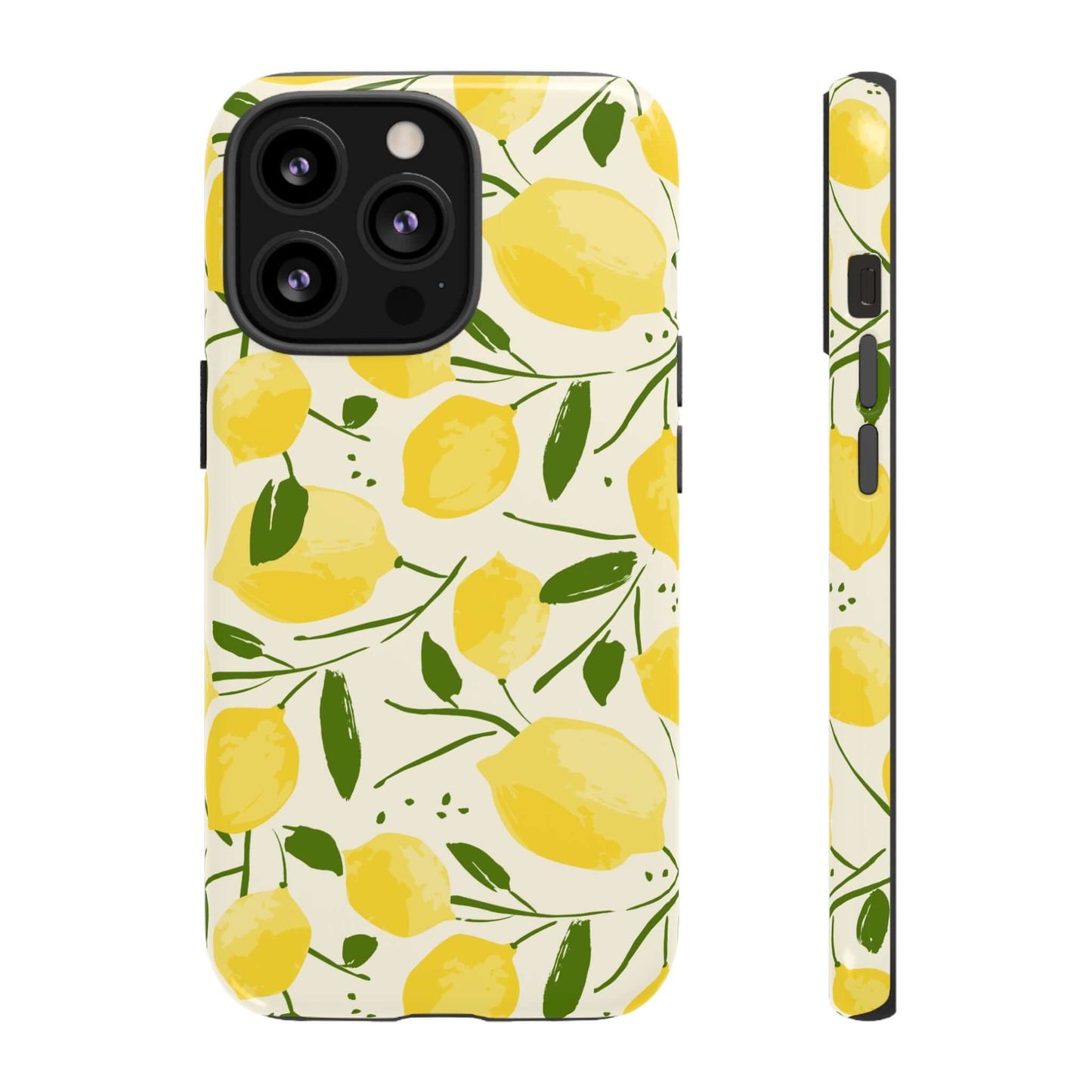 Watercolor Lemon iPhone Case with hand-drawn yellow lemons and green leaves, shock-absorbing core, matte finish, modern botanical design.