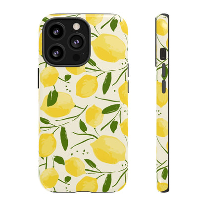 Watercolor Lemon iPhone Case with hand-drawn yellow lemons and green leaves, shock-absorbing core, matte finish, modern botanical design.