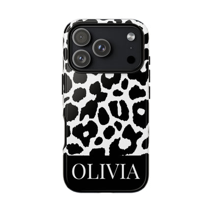 Custom Name Leopard Print iPhone Case - Black and White