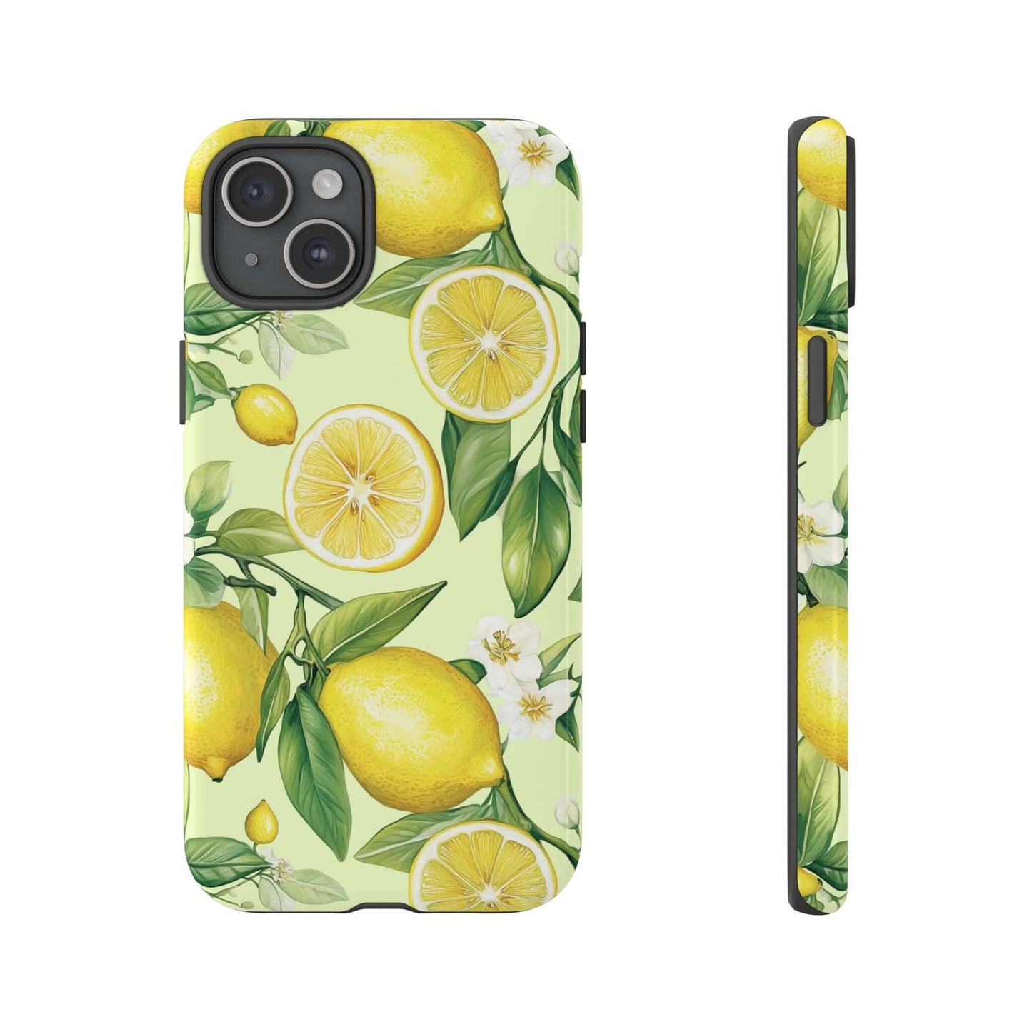 Lemon Blossom iPhone Case with hand-painted lemons and blossoms on a pastel background, providing stylish protection and precise cuts for buttons.