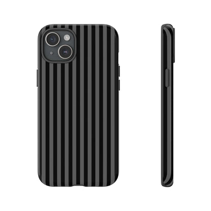 Black striped iPhone case with glossy finish, shock-absorbent, lightweight, MagSafe compatible, designed for style and protection.