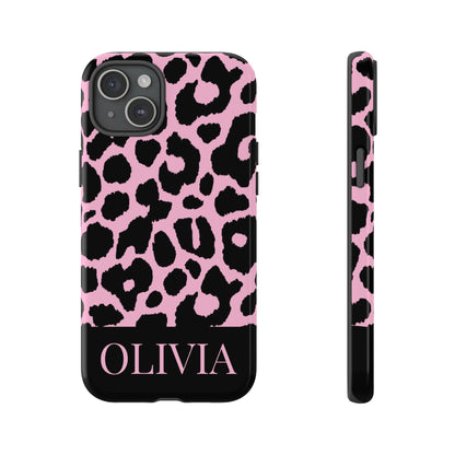 Chic Pink Black Leopard Print iPhone Case - Custom Name Cover