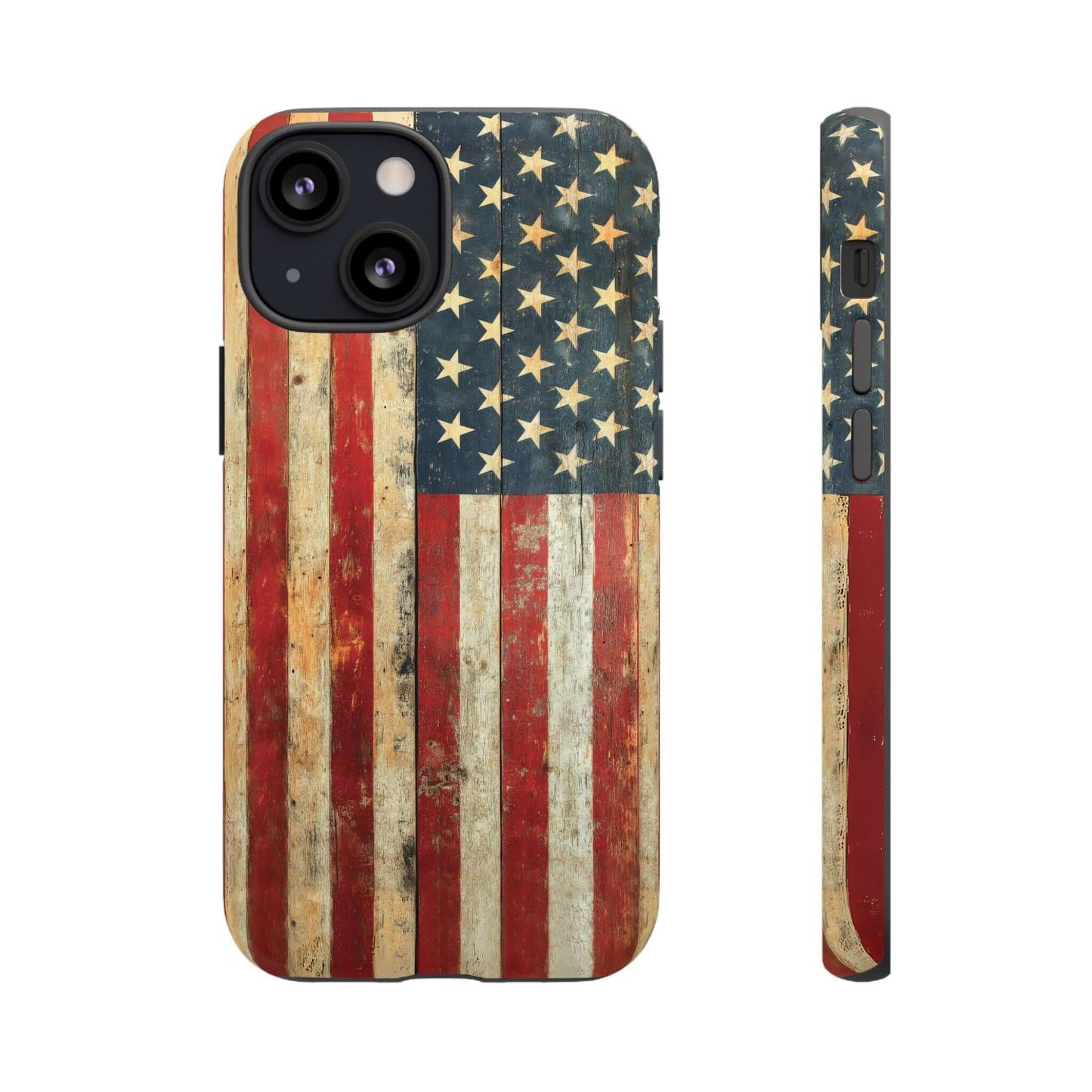 Vintage American flag iPhone case with rustic, distressed design and tough matte finish, showcasing rugged USA pride.