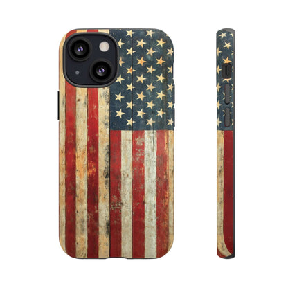 Vintage American flag iPhone case with rustic, distressed design and tough matte finish, showcasing rugged USA pride.