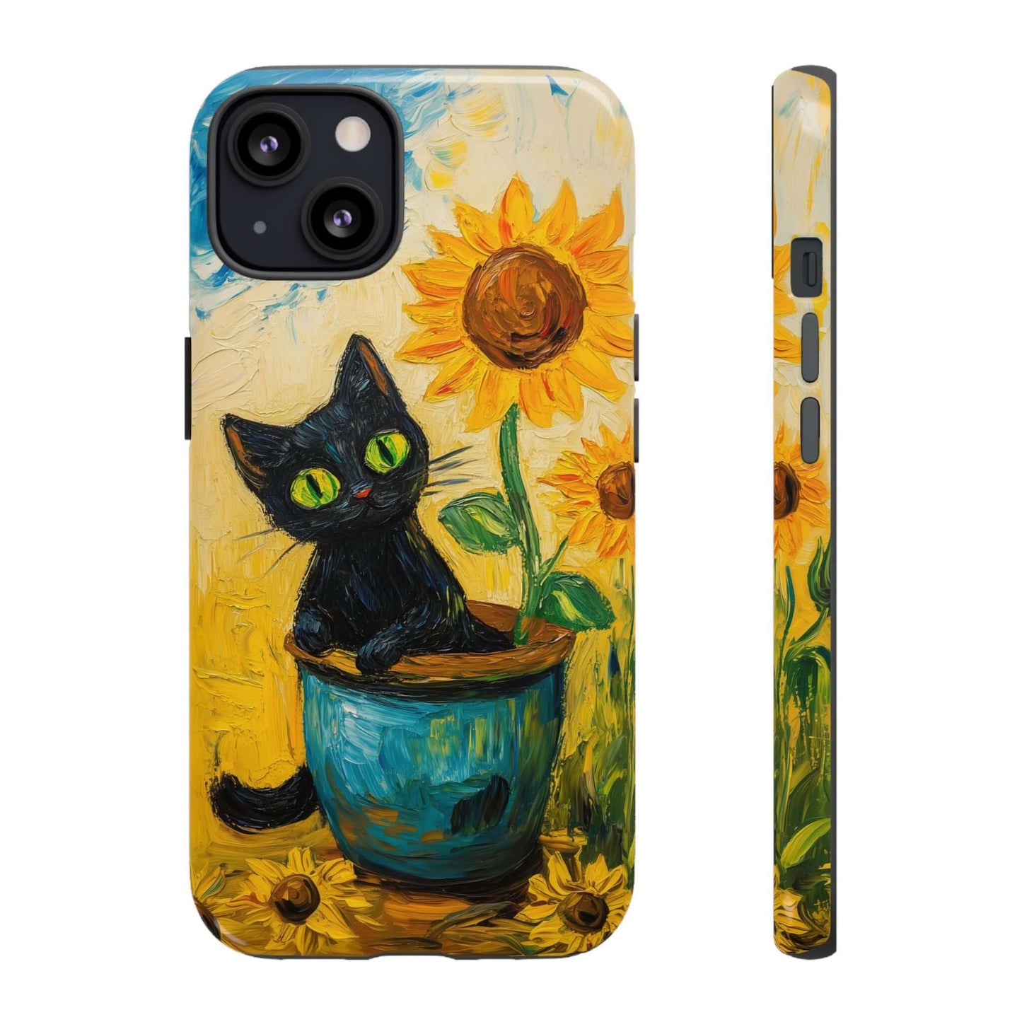 Whimsical Sunflower Cat iPhone 16 Case - Golden Bloom design with vibrant sunflowers and cat; durable and impact-resistant. Perfect for cat lovers.