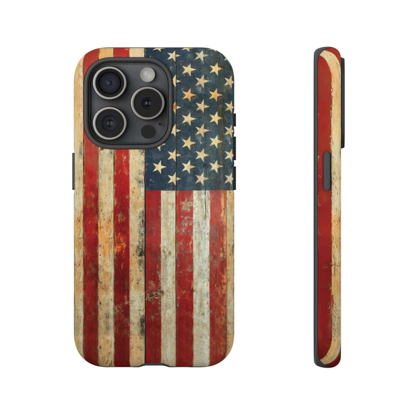 Vintage American Flag iPhone Case with rustic finish and distressed USA flag design, offering protection and style for your phone.