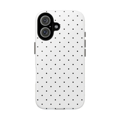 Minimalist polka dot iPhone case in black and white, featuring durable material and chic design for stylish phone protection.