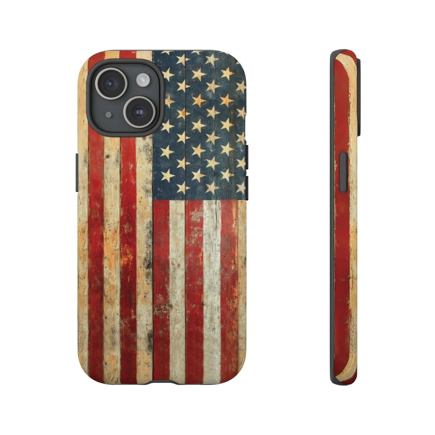 Vintage American Flag iPhone case featuring distressed USA flag print, matte finish, anti-fingerprint texture, and rugged design.