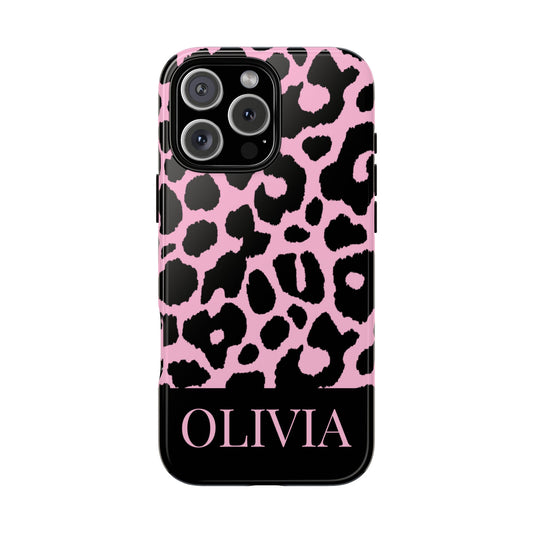 Chic Pink Black Leopard Print iPhone Case - Custom Name Cover