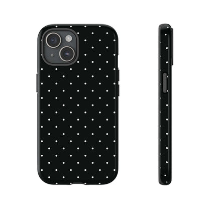 Black Chic Polka Dot iPhone Case with White Dots, Minimalist Style, Protective and Elegant Design, Fashionable Women's Accessory.