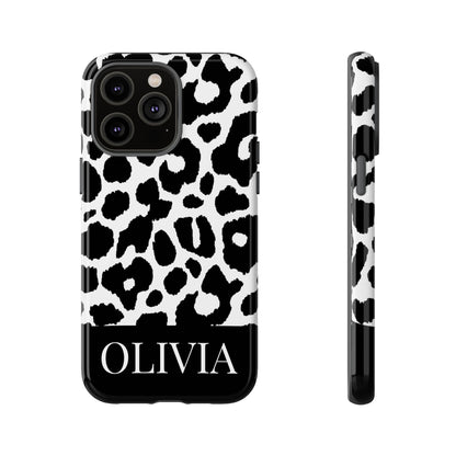Custom Name Leopard Print iPhone Case - Black and White