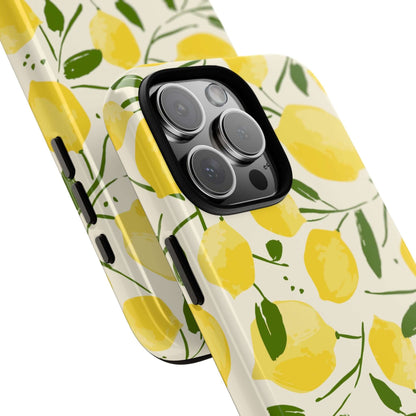 Watercolor Lemon iPhone Case with hand-drawn yellow lemons and green leaves, offering a modern botanical look with shock-absorbing protection.