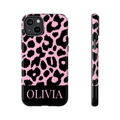 Chic Pink Black Leopard Print iPhone Case - Custom Name Cover