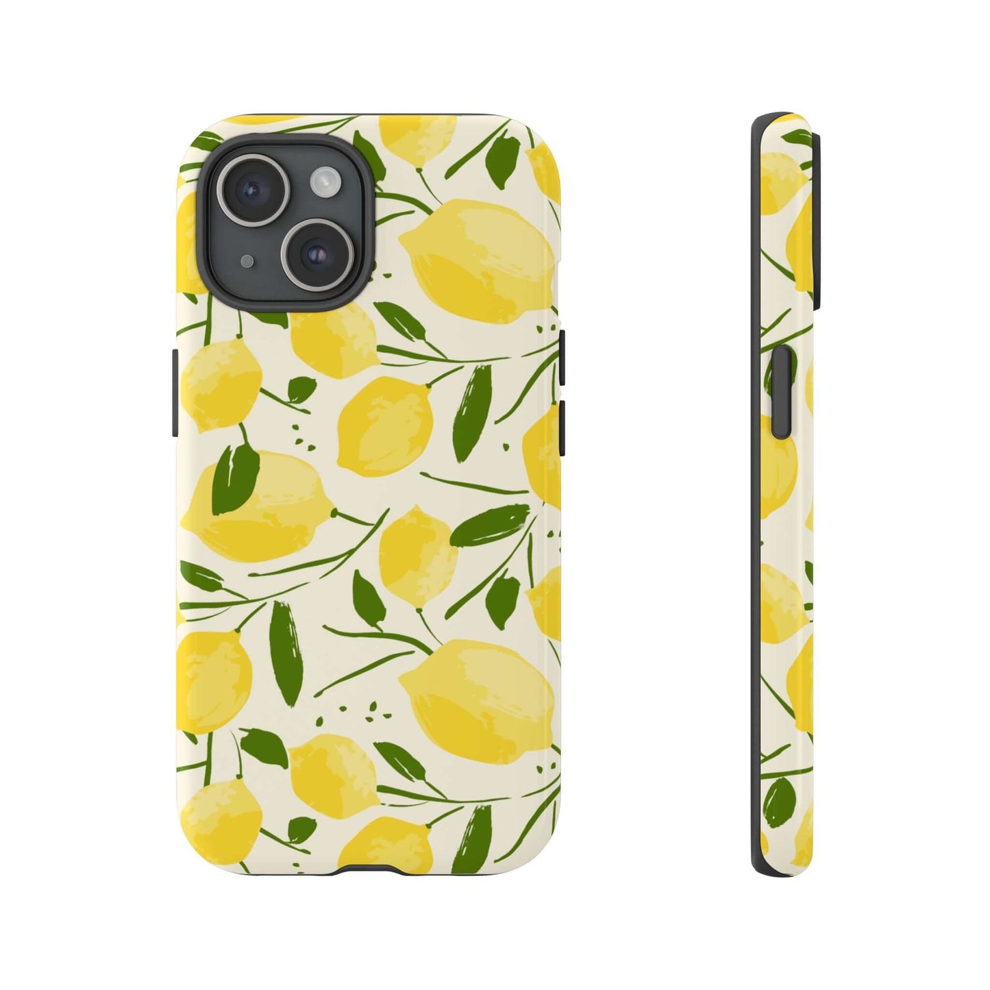 Watercolor Lemon iPhone case featuring hand-drawn yellow lemons and leafy branches on a dual-layer shock-absorbing shell.