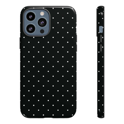 Black Chic Polka Dot iPhone Case with Minimalist Design, featuring white dots on a sleek black background for elegant protection.