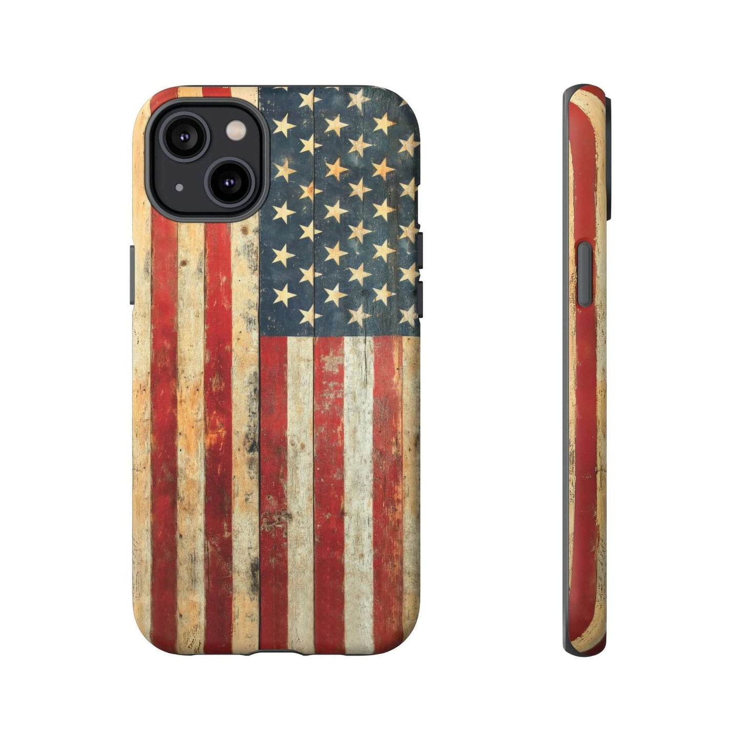 Vintage American Flag iPhone Case with rustic distressed design, anti-fingerprint matte texture, and scratch-resistant finish.