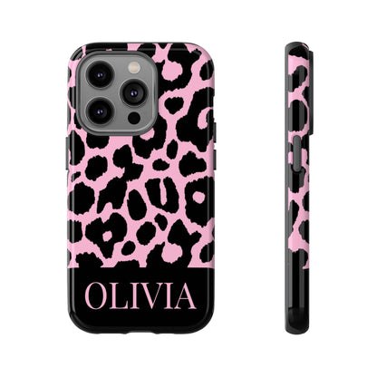 Chic Pink Black Leopard Print iPhone Case - Custom Name Cover