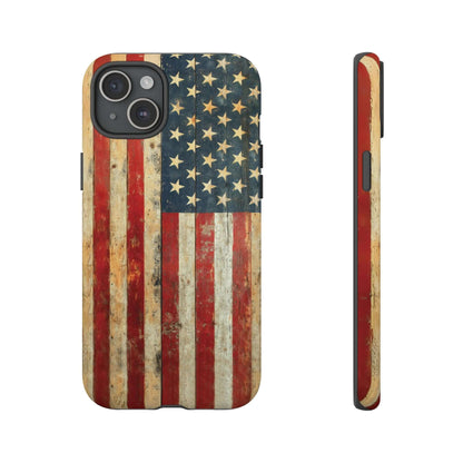 Vintage American Flag iPhone case with rustic USA flag design, distressed matte finish for added grip and scratch-resistant protection.