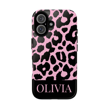 Chic Pink Black Leopard Print iPhone Case - Custom Name Cover