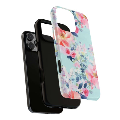 Pastel mint watercolor floral iPhone case with painterly peonies and blooms, showcasing vivid colors and perfect for gifts.