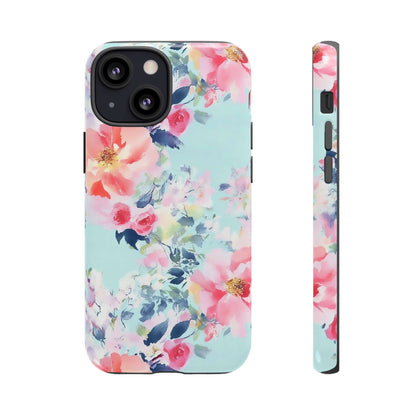 Watercolor Floral iPhone Case in Pastel Mint with pink peonies, delicate blooms gift accessory.