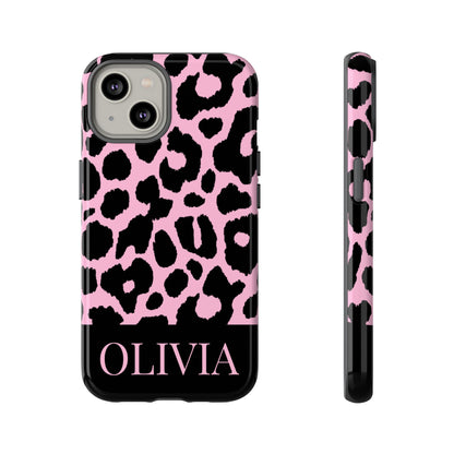 Chic Pink Black Leopard Print iPhone Case - Custom Name Cover