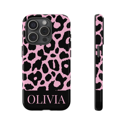 Chic Pink Black Leopard Print iPhone Case - Custom Name Cover