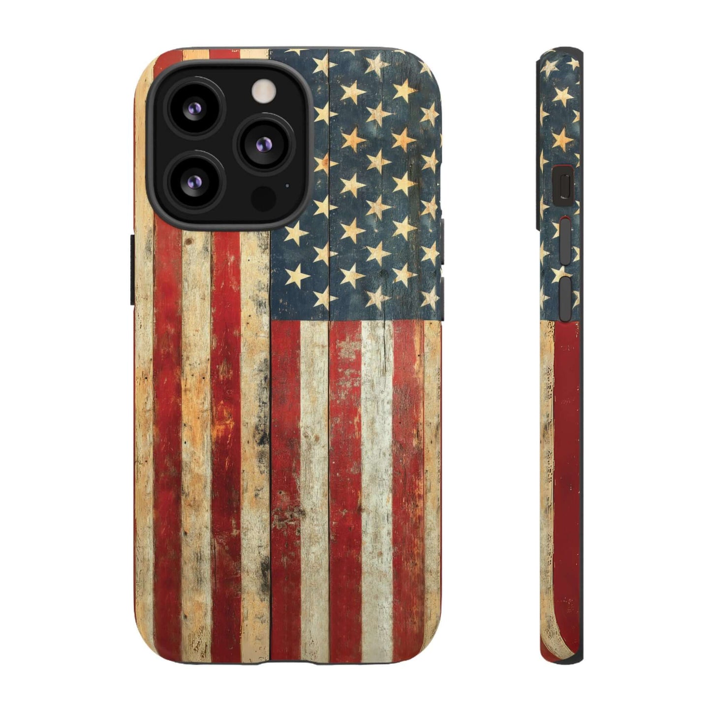 Vintage American Flag iPhone Case with rustic USA flag design, matte finish for grip, and scratch-resistant protection against wear.