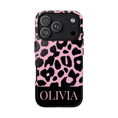 Chic Pink Black Leopard Print iPhone Case - Custom Name Cover