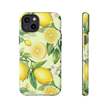 Lemon Blossom iPhone case with watercolor lemons and blossoms on a pastel background, offering protection and style for summer.