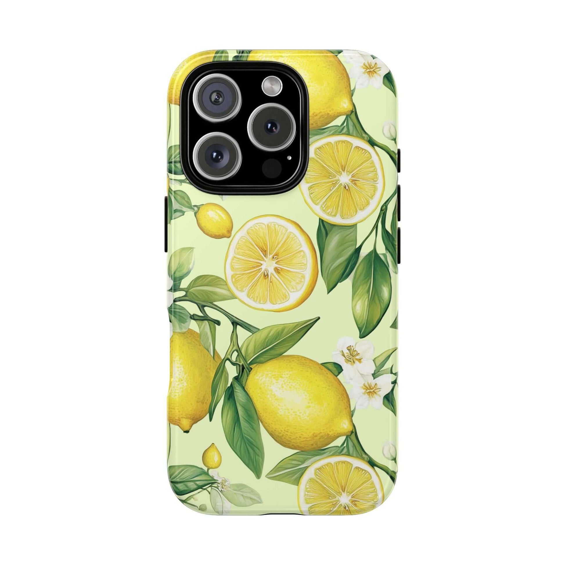 Lemon Blossom iPhone case with watercolor lemons and blossoms on a pastel background, offering a cheerful summer look and durablility.