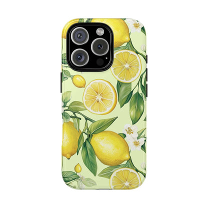 Lemon Blossom iPhone case with watercolor lemons and blossoms on a pastel background, offering a cheerful summer look and durablility.