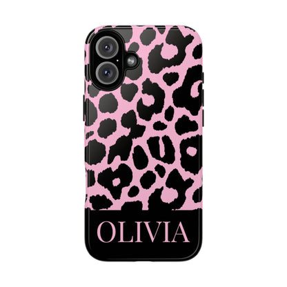 Chic Pink Black Leopard Print iPhone Case - Custom Name Cover