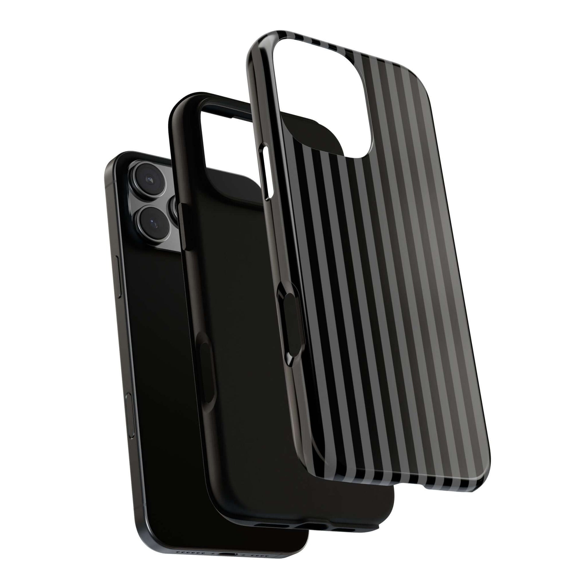 Striped Black iPhone Case with glossy finish, showing elegance and protection, MagSafe-compatible for modern women.