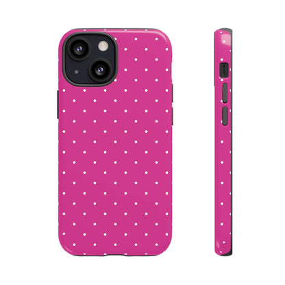 Fuchsia Pink Polka Dot iPhone Case for Women, slim profile, stylish protective cover with white dots, polycarbonate back, TPU bumper