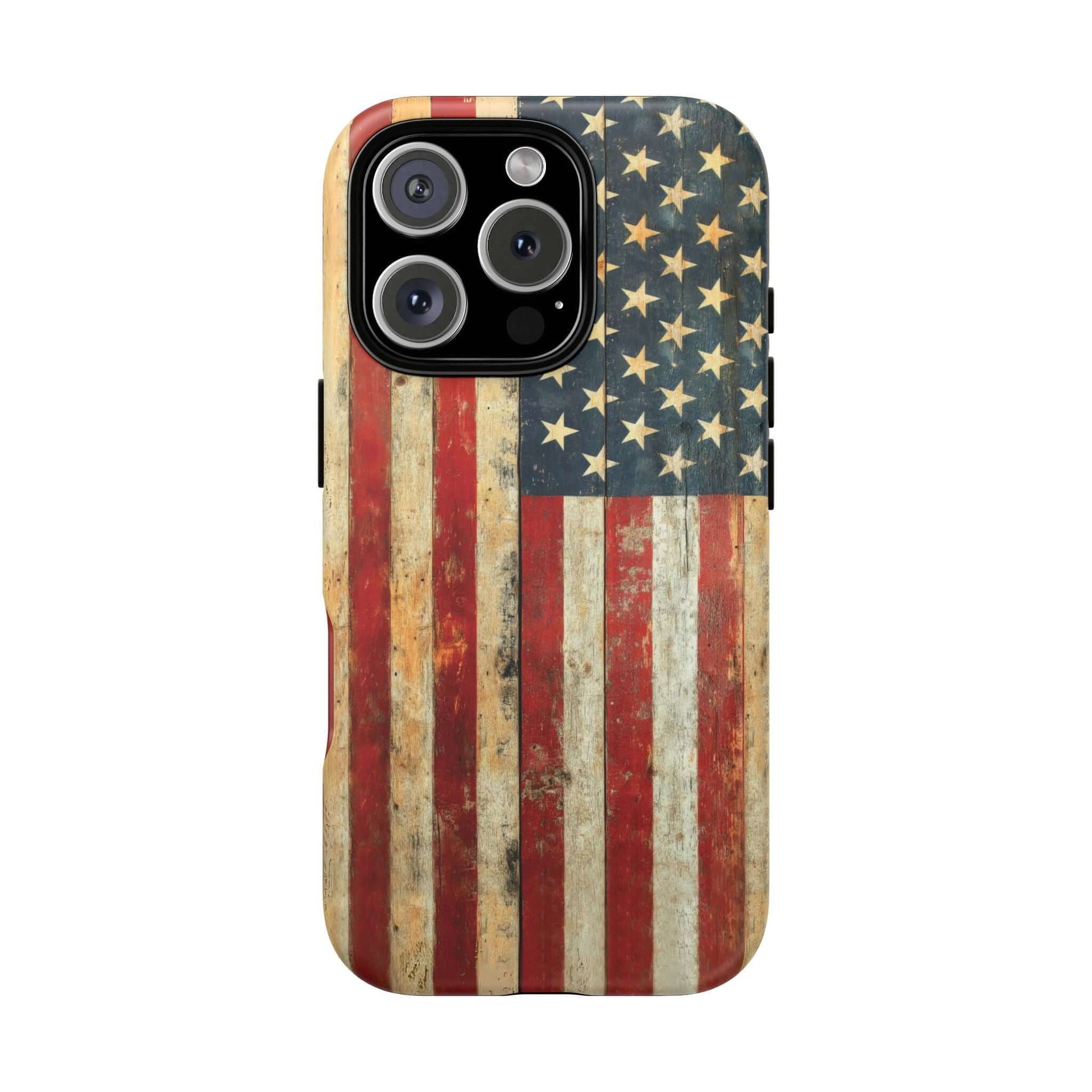 Vintage American Flag iPhone Case with rustic USA flag design and distressed matte finish, provides durable protection for iPhone.