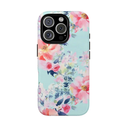 Watercolor floral iPhone case with pastel mint background featuring vivid peonies and delicate blooms, perfect gift accessory.
