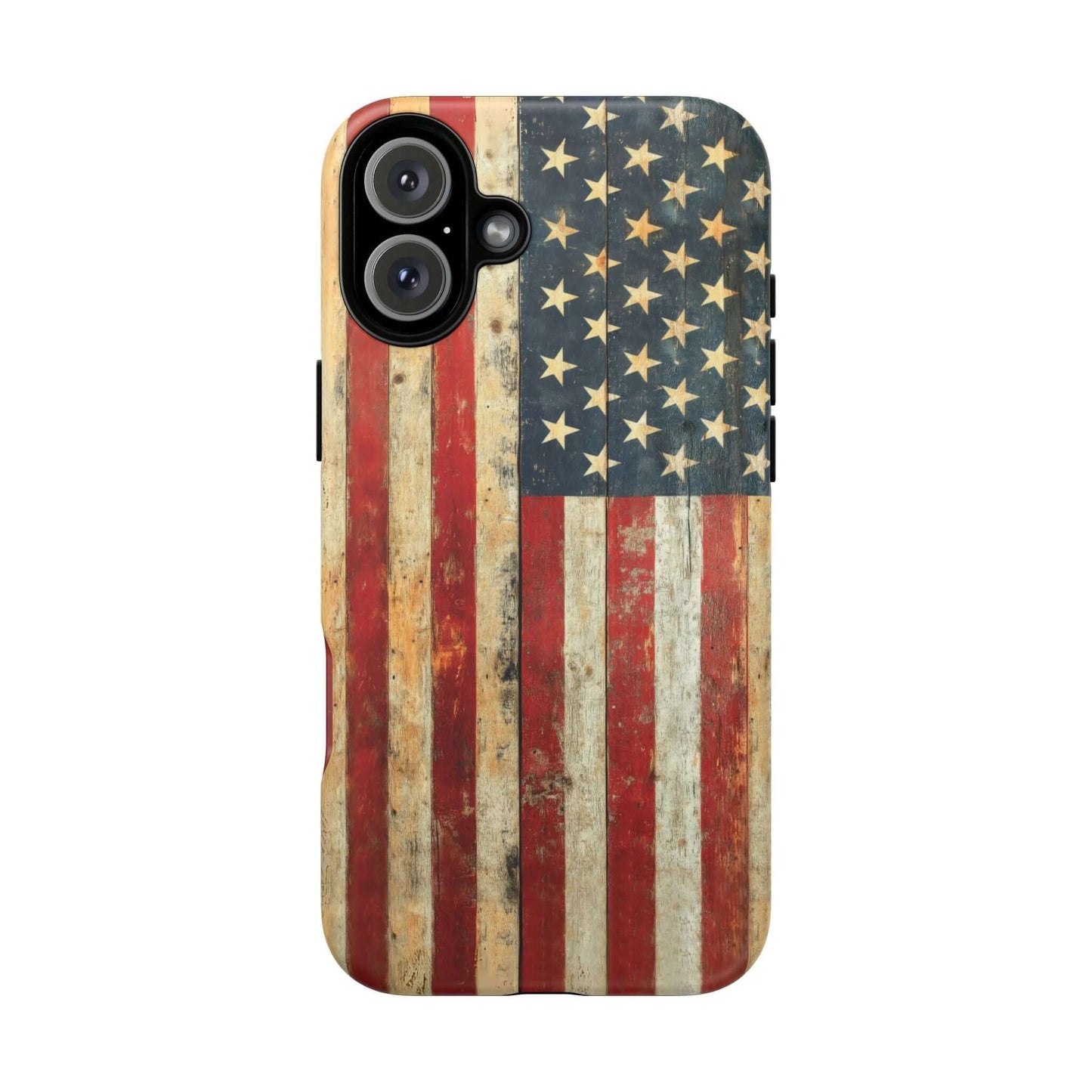 Vintage American Flag iPhone Case with rustic USA stars and stripes design, tough matte finish, anti-fingerprint, scratch-resistant.