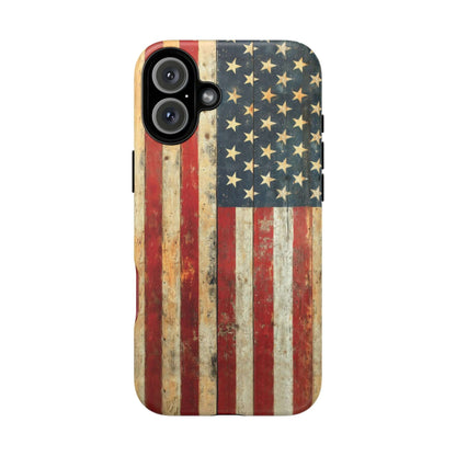 Vintage American Flag iPhone Case with rustic USA stars and stripes design, tough matte finish, anti-fingerprint, scratch-resistant.