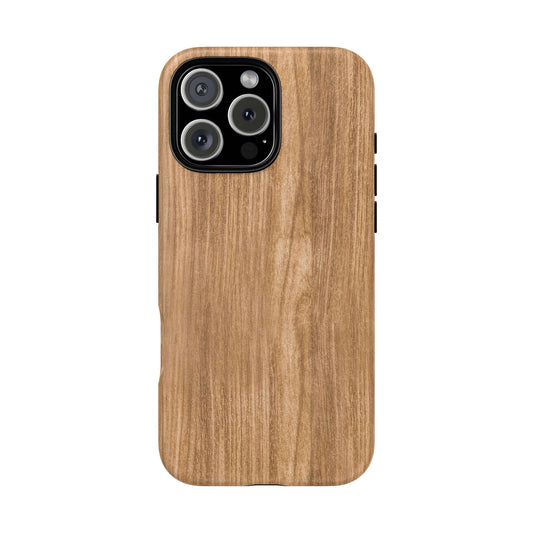 Rustic natural wood iPhone case with faux wood grain, featuring lifelike timber patterns and vintage, earthy tones.