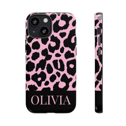 Chic Pink Black Leopard Print iPhone Case - Custom Name Cover